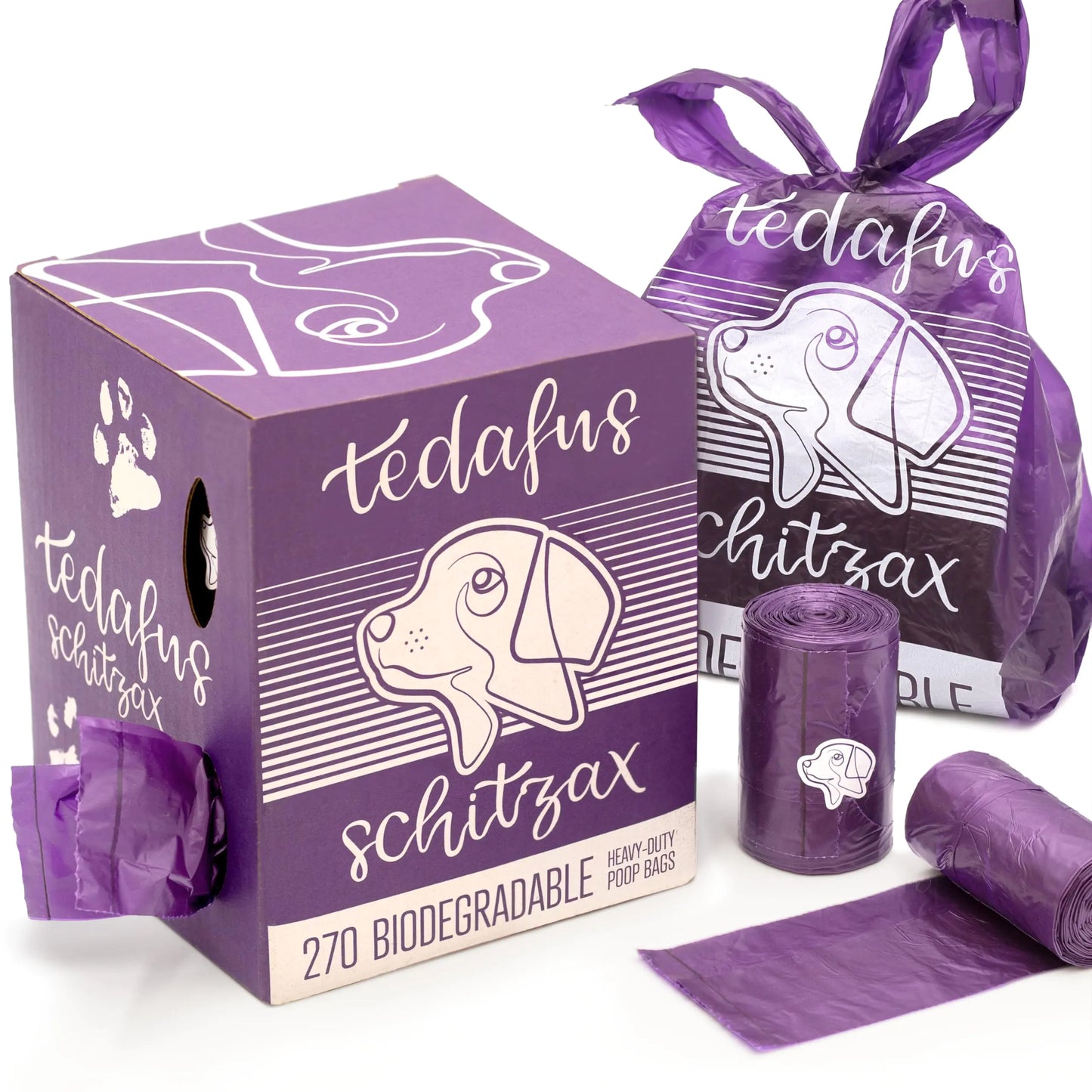 TEDAFUS Dog Poo Bags | Eco Biodegradable Poop Bags | Thick Dispenser Refill Rolls with Tie Handles | Strong Bags | 100% Leak-Proof Unscented Sacks (Purple 1 Box - 270)