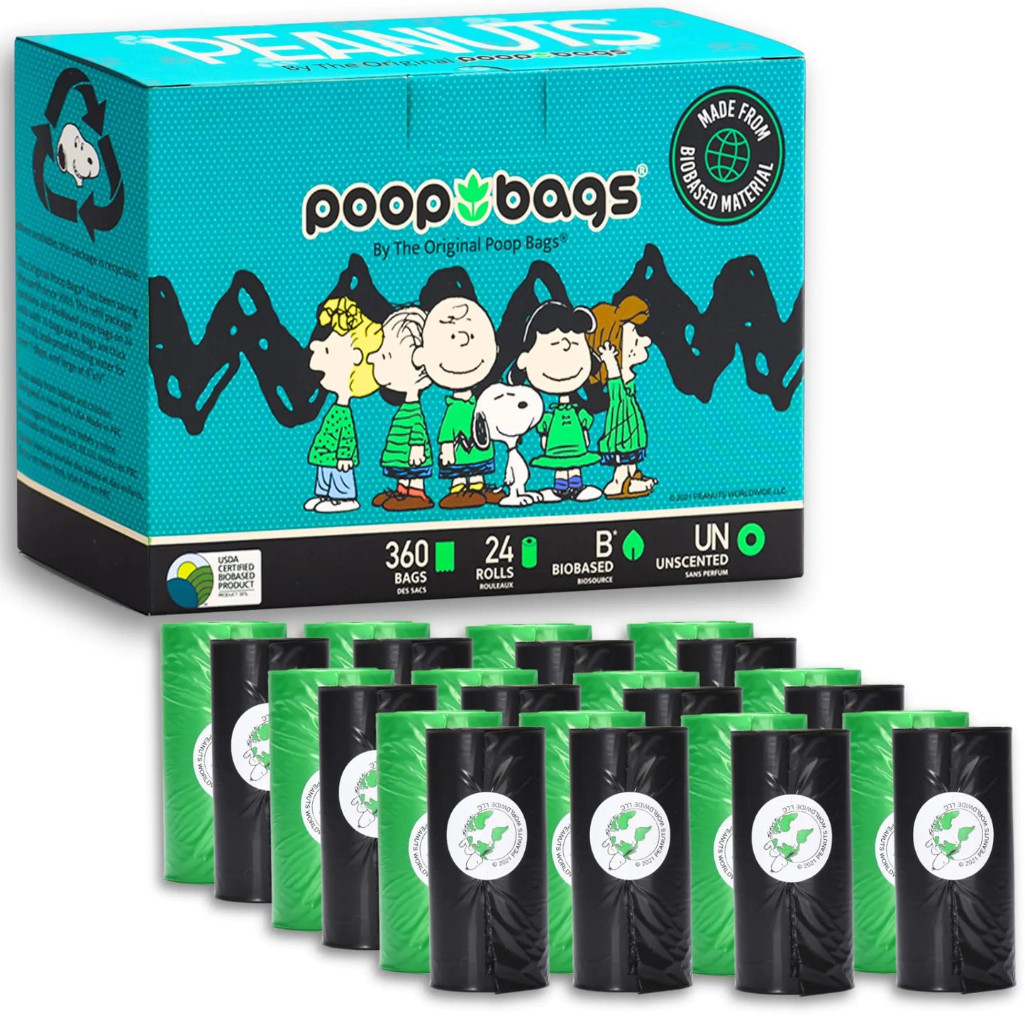 The Original Poop Bags Peanuts Characters 360 Counts Dog Poop Bags Rolls 38% Plant Based & 62% PE Dog Dog Poop Bags For Dogs Dog Waste Bags Doggy Poop Bags Dog Bag Pet Bag