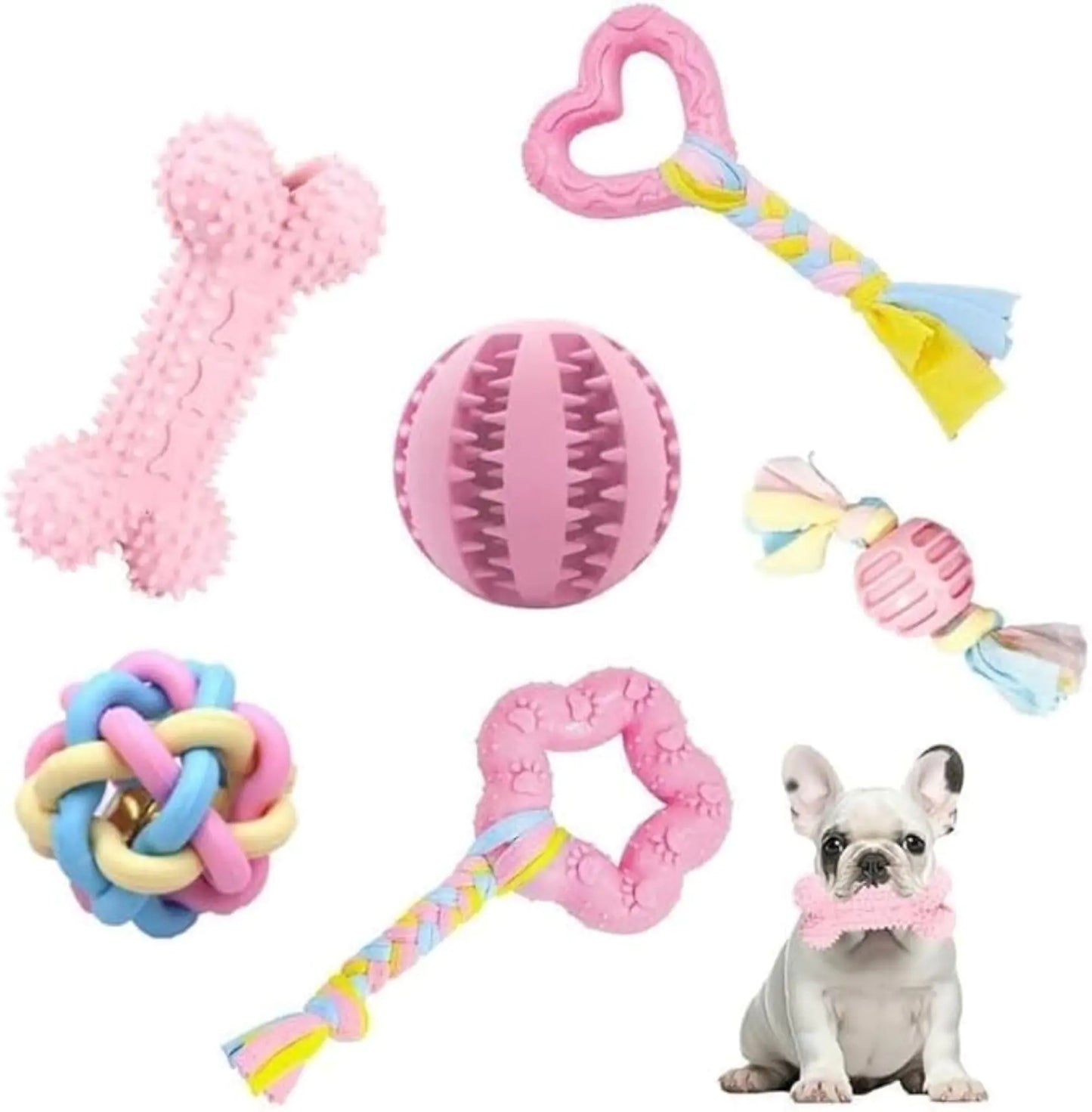 Bambinom Puppy Chew Toys 6 Pack Puppy Teething Toys for Small Breeds Puppy Soft Rubber Cute Pink Dog Toys Eco-Friendly Teeth Cleaning Interactive Toys