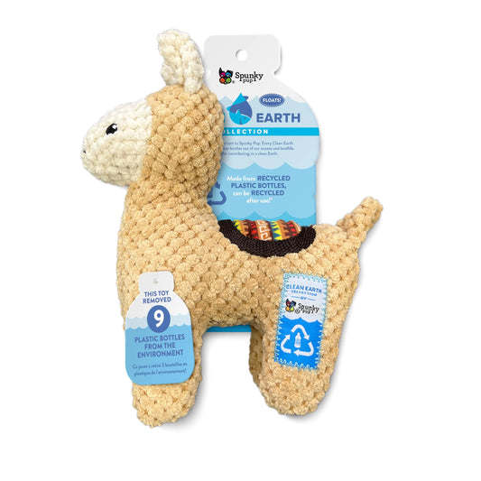 Spunky pup Clean Earth Plush Dog Toy with Squeaker - Recycled Eco-Friendly Floats for Beach Lake Pool - Llama