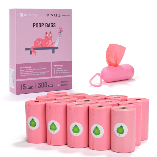 WDFAACK Biodegradable Pink Dog Poo Bags Lavender scent with Dispenser - 300 Large Poop Bags Extra Thicken Strong Corn Starch Blended Compostable Leak Proof Poop Waste Bag for Dogs