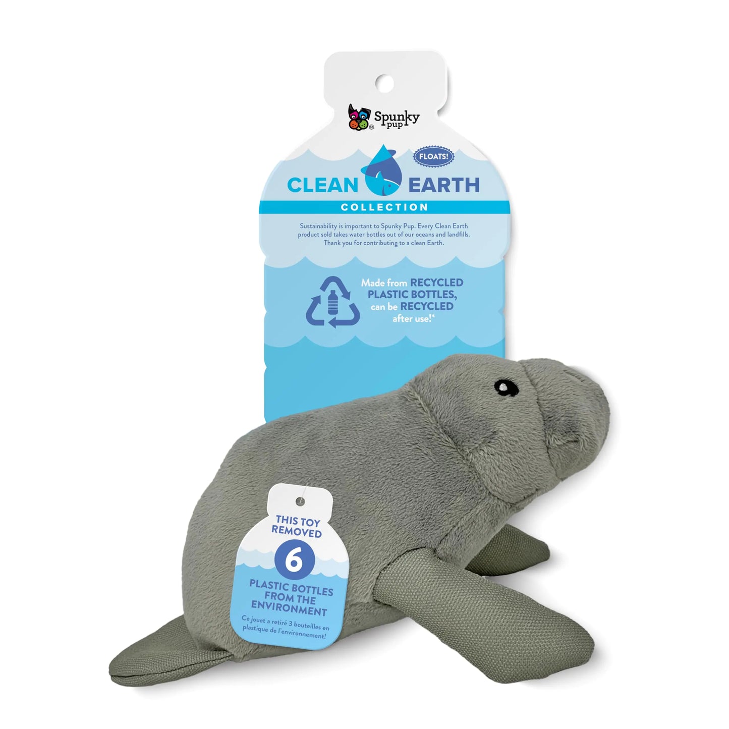 Spunky pup Clean Earth Plush Dog Toy with Squeaker - Recycled Eco-Friendly Floats for Beach Lake Pool - Manatee Small