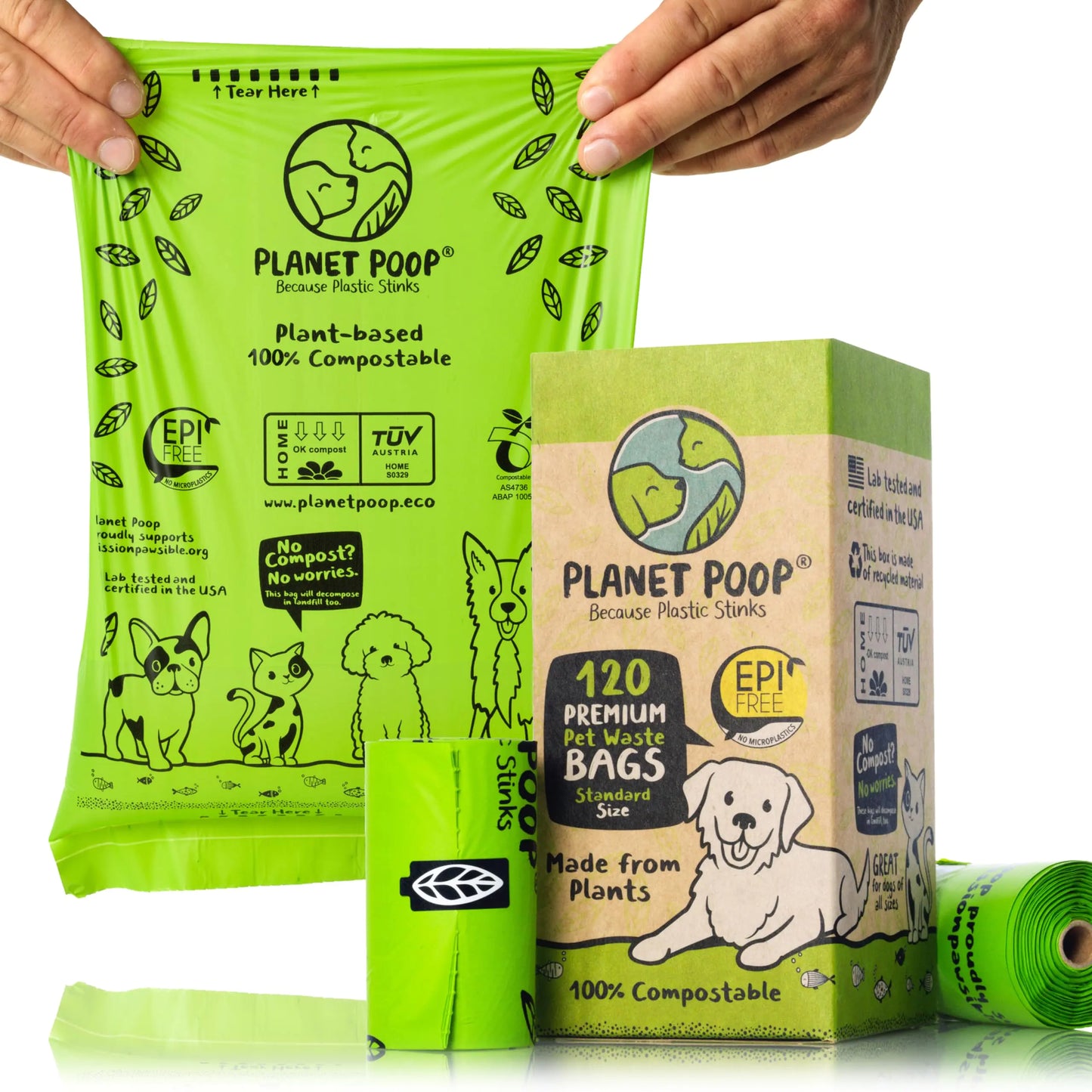 PLANET POOP Home Compostable Dog Poop Bags on Refill Rolls 120 Un-Scented Pet Waste Bags Thick Leakproof Plant-Based Doggy Bag Cat & Dogs Supplies