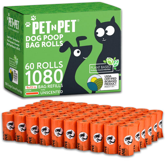 Pet N Pet 1080 Counts Orange Poop Bags for Dogs 38% Plant Based & 62% PE Extra Thick Dog Poop Bags Rolls 9" x 13" Unscented Dog Bags for Poop Doggy Poop Bags Cat Poop Bags Dog Waste Bags