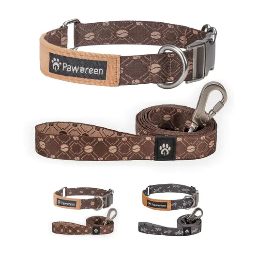 Premium Dog Collar and Leash SetPawereen Heavy Duty Collar and Leash Set for Small Medium Large DogsAdjustable Eco-Friendly Recycled Polyester WebbingFull Metal Buckle 5.2 ft LengthSize XS|Coffee